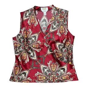 VTG Y2K Talbots Petites Red & Multicolor Pure Silk Paisley Faux Wrap Top 10/M